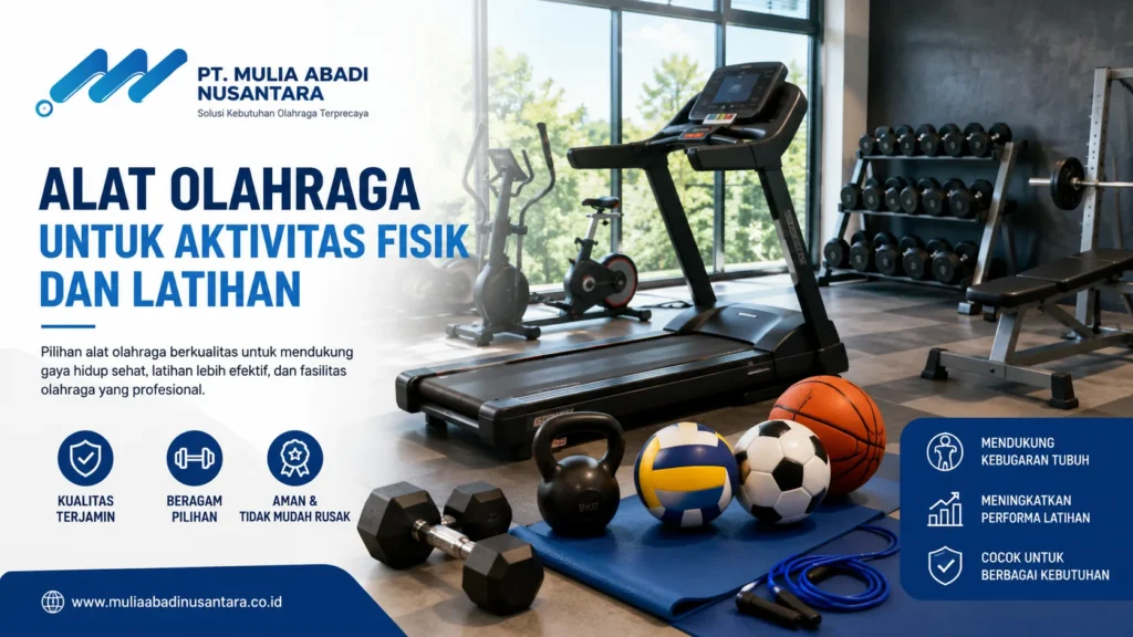 Gambar Alat Olahraga modern seperti treadmill, dumbbell, kettlebell, dan bola olahraga dalam fasilitas gym profesional untuk mendukung aktivitas fisik dan latihan kebugaran.