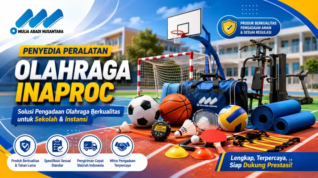 Banner penyedia peralatan olahraga Inaproc dengan ilustrasi bola sepak, basket, voli, raket badminton, matras olahraga, cone latihan, dan perlengkapan olahraga sekolah serta instansi.