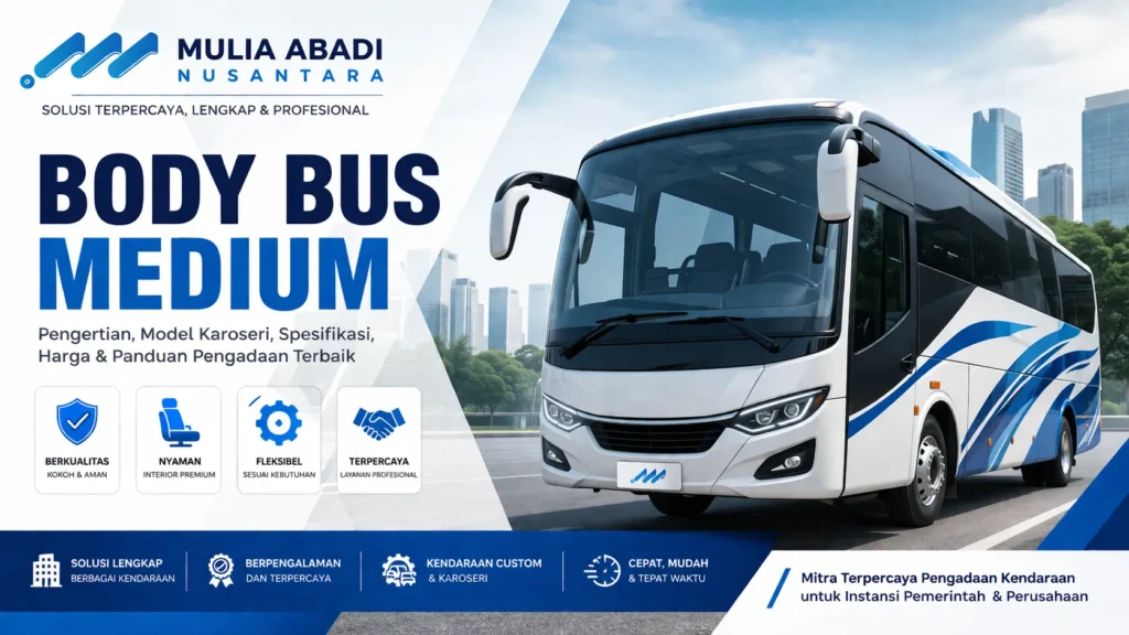 Contoh body bus medium modern dengan desain premium untuk kebutuhan operasional perusahaan