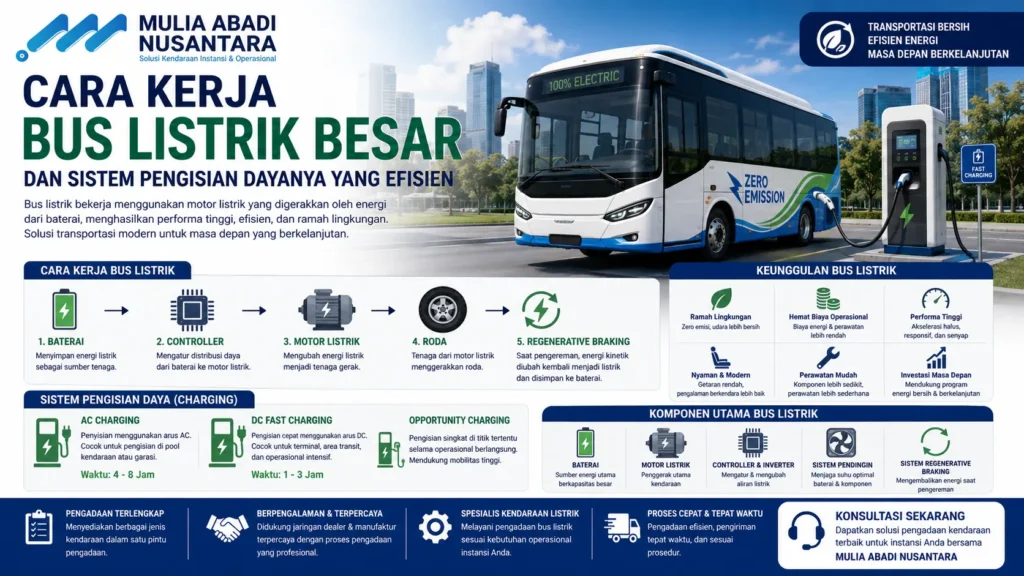 Gambar Ilustrasi cara kerja bus listrik modern dengan charging station