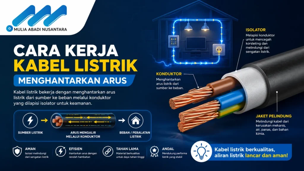 Infografik PT Mulia Abadi Nusantara berjudul Cara Kerja Kabel Listrik Menghantarkan Arus. Menampilkan visual anatomi kabel tembaga yang terdiri dari konduktor, isolator, dan jaket pelindung, serta diagram alur perpindahan arus dari sumber listrik menuju beban atau peralatan rumah tangga.