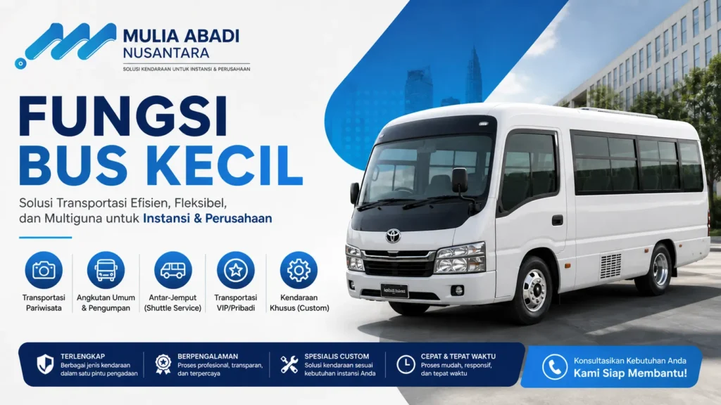 Ilustrasi fungsi bus kecil untuk transportasi instansi dan perusahaan menggunakan microbus modern