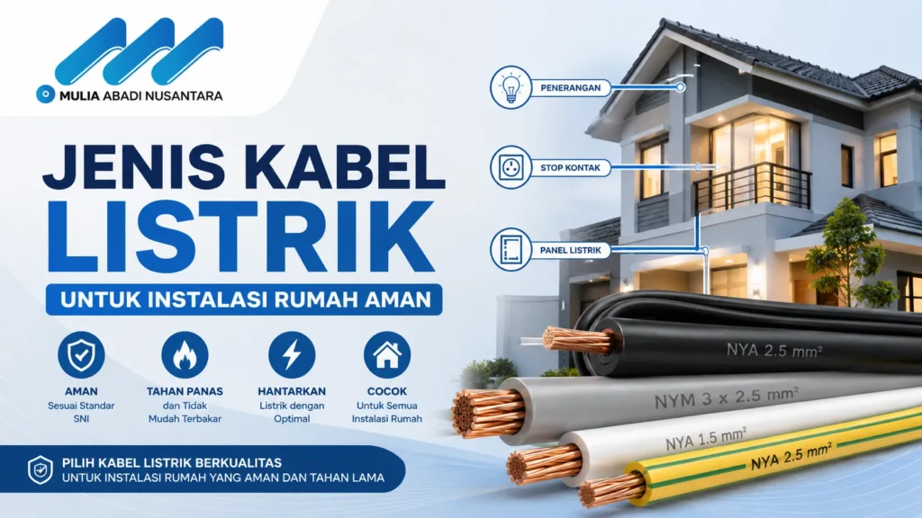 Infografik PT Mulia Abadi Nusantara berjudul Jenis Kabel Listrik untuk Instalasi Rumah Aman. Menampilkan potongan produk kabel NYA 2.5 mm², NYM 3 x 2.5 mm², NYA 1.5 mm², dan NYA 2.5 mm² kuning-hijau dengan latar belakang rumah modern, serta panduan alokasi untuk penerangan, stop kontak, dan panel listrik.
