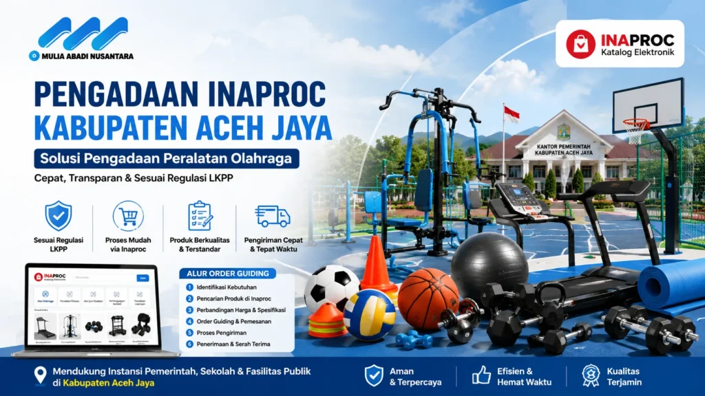 Banner pengadaan Inaproc Kabupaten Aceh Jaya dengan ilustrasi alat gym outdoor, treadmill, dumbbell, bola olahraga, dan fasilitas olahraga pemerintah untuk kebutuhan instansi dan sekolah.
