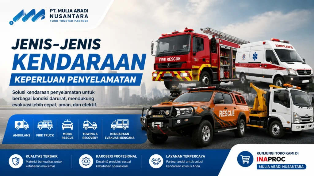 Gambar Jenis kendaraan keperluan penyelamatan seperti ambulans, fire truck, mobil rescue, dan towing rescue dari Mulia Abadi Nusantara.