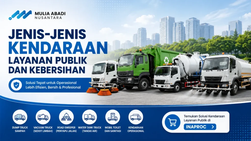 Gambar Kendaraan layanan publik dan kebersihan modern seperti dump truck sampah, vacuum truck, road sweeper, dan water tank truck dari Mulia Abadi Nusantara.