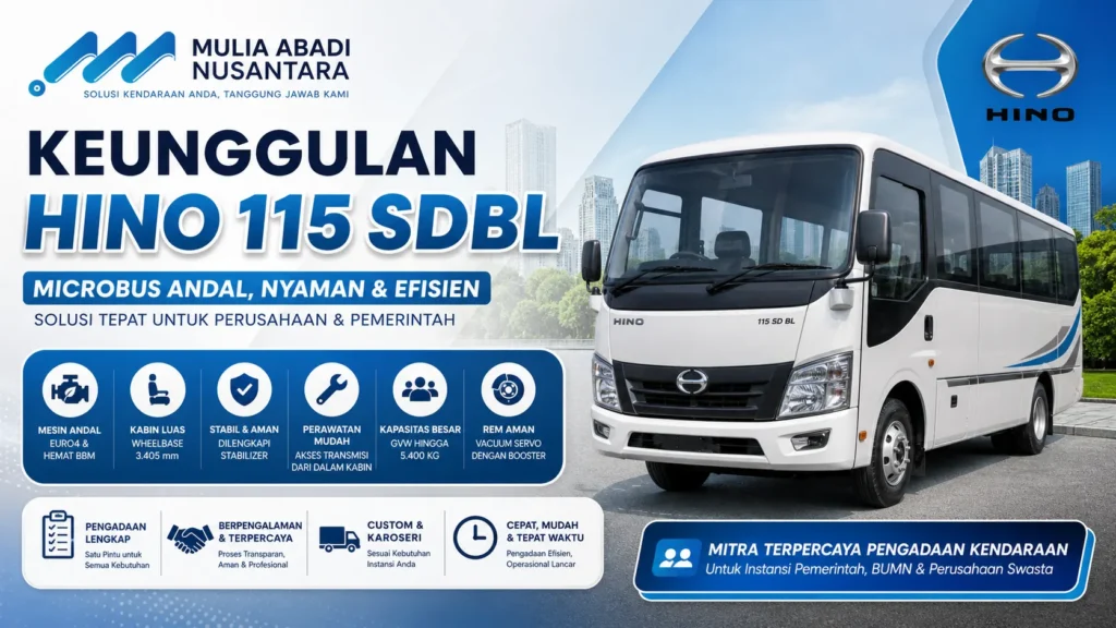 Gambar Keunggulan Hino 115 SDBL sebagai microbus andal untuk pengadaan perusahaan dan pemerintah oleh Mulia Abadi Nusantara