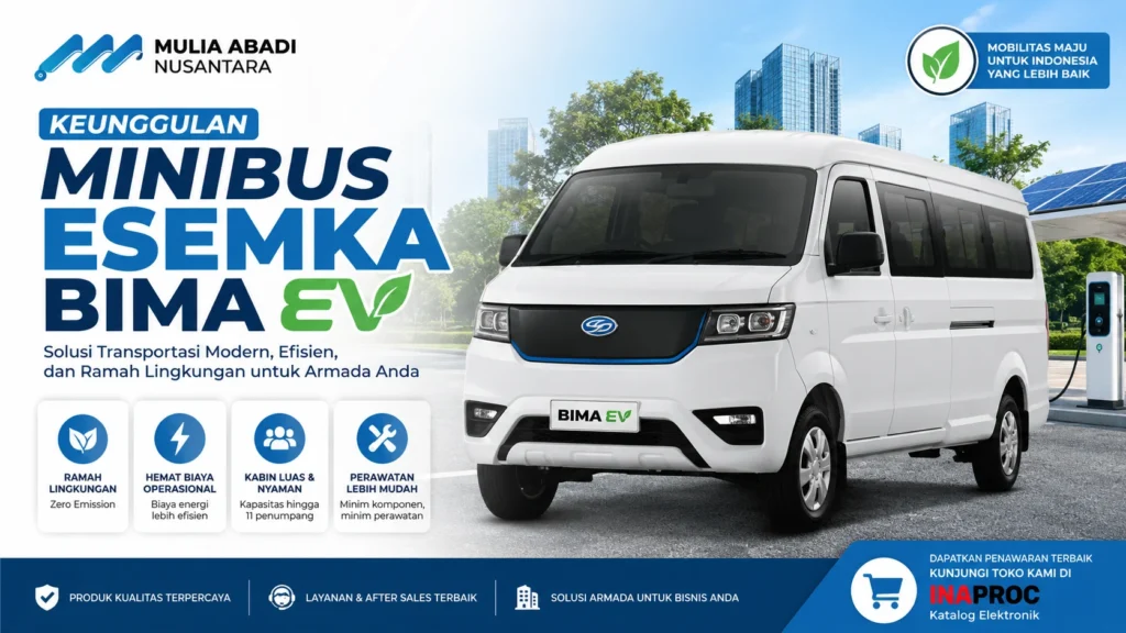 Gambar ilustrasi Keunggulan Minibus Esemka Bima EV untuk armada shuttle modern dan kendaraan operasional ramah lingkungan dari Mulia Abadi Nusantara