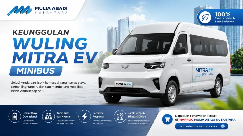 Gambar Keunggulan Wuling Mitra EV Minibus sebagai kendaraan listrik komersial hemat biaya dan ramah lingkungan untuk operasional bisnis modern.