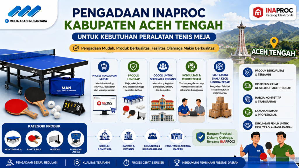 Banner pengadaan peralatan tenis meja INAPROC Kabupaten Aceh Tengah untuk sekolah, instansi, dan fasilitas olahraga.