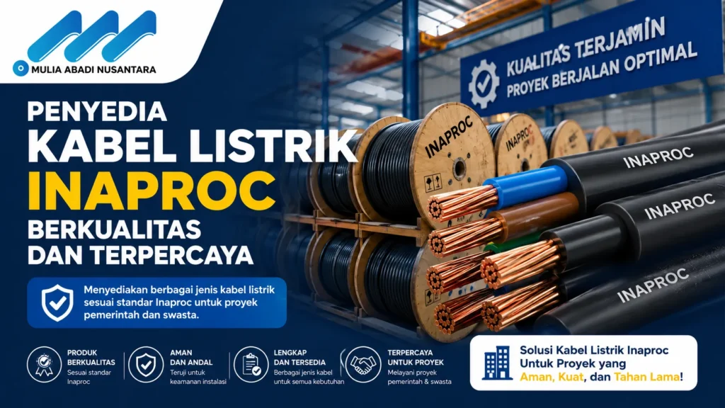 Infografik layanan pengadaan dari Mulia Abadi Nusantara sebagai Penyedia Kabel Listrik Inaproc berkualitas standar nasional, menampilkan visual produk kabel tembaga tebal dan keunggulan produk seperti aman, andal, lengkap tersedia, serta terpercaya untuk proyek konstruksi.
