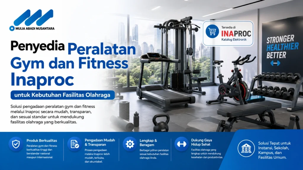 Banner layanan Penyedia Peralatan Gym dan Fitness Inaproc dari Mulia Abadi Nusantara untuk kebutuhan fasilitas olahraga instansi, sekolah, dan kampus, menampilkan ruangan pusat kebugaran modern dengan treadmill, alat angkat beban multi-station, sepeda statis, dan kettlebell yang tersedia di Katalog Elektronik Inaproc.