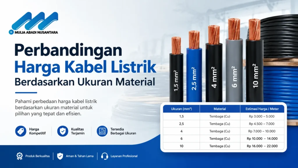 Infografik PT Mulia Abadi Nusantara berjudul Perbandingan Harga Kabel Listrik Berdasarkan Ukuran Material. Menampilkan visual produk potongan kabel tembaga beserta tabel estimasi harga per meter untuk ukuran kabel 1.5 mm², 2.5 mm², 4 mm², 6 mm², dan 10 mm².