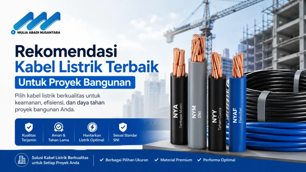 Infografik rekomendasi kabel listrik terbaik untuk proyek bangunan dari Mulia Abadi Nusantara yang menonjolkan fitur kualitas terjamin, aman & tahan lama, hantaran listrik optimal, serta sesuai standar SNI dengan material premium untuk performa optimal.