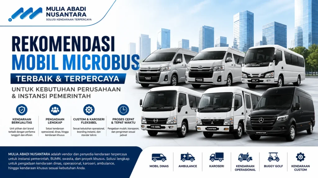 Gambar Rekomendasi mobil microbus terbaik untuk perusahaan dan instansi pemerintah seperti HiAce, Elf, dan Sprinter dari MULIA ABADI NUSANTARA
