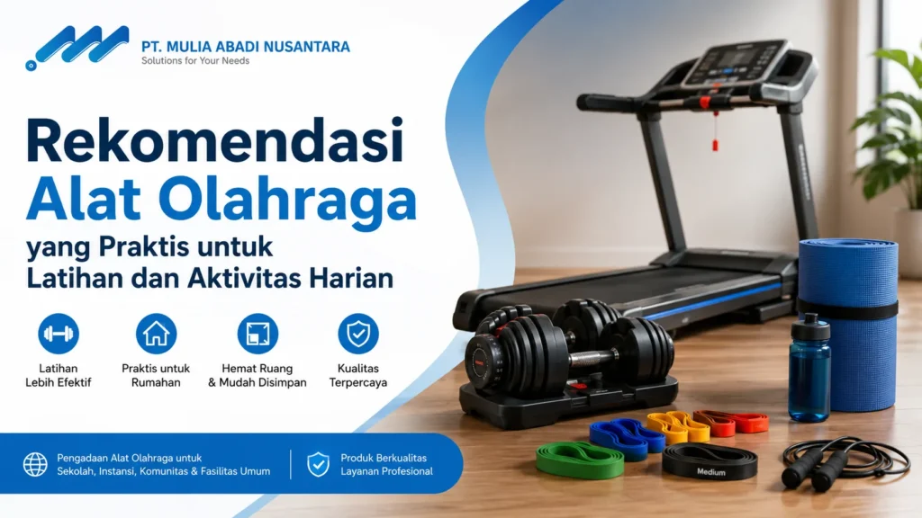Gambar Rekomendasi alat olahraga praktis untuk latihan harian di rumah dengan treadmill, dumbbell adjustable, resistance band, dan matras olahraga dari PT. Mulia Abadi Nusantara.