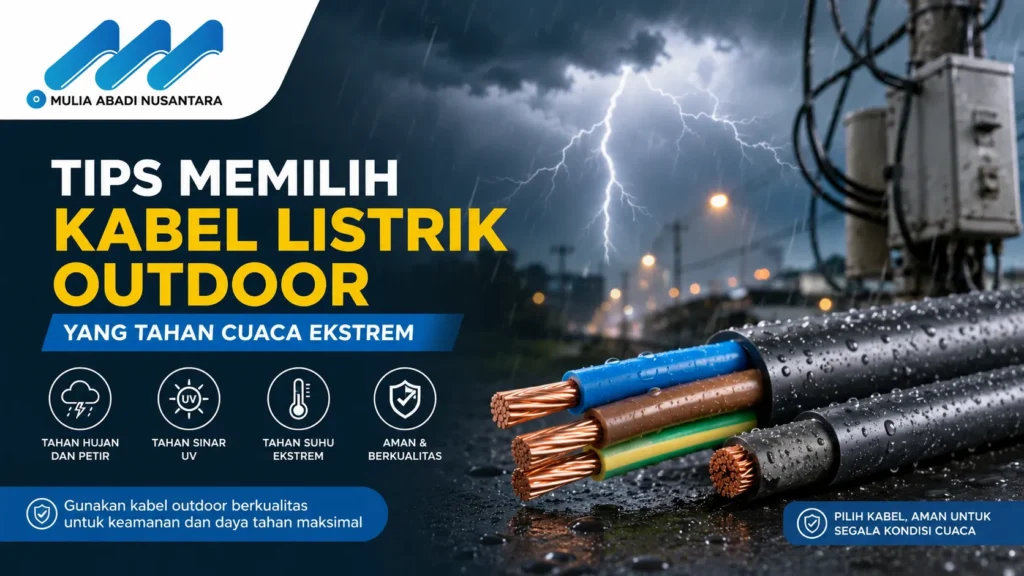 Infografik PT Mulia Abadi Nusantara berjudul Tips Memilih Kabel Listrik Outdoor yang Tahan Cuaca Ekstrem. Menampilkan visual produk potongan kabel tembaga tebal berlatar situasi badai hujan petir di jalan raya, dilengkapi ikon fitur tahan hujan dan petir, tahan sinar UV, tahan suhu ekstrem, serta aman & berkualitas.