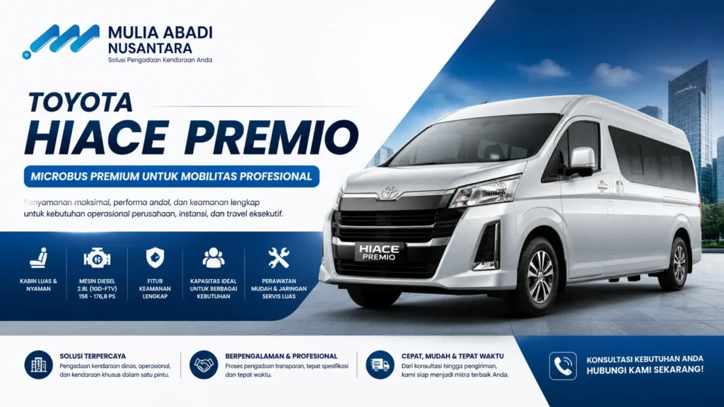 Gambar Toyota HiAce Premio microbus premium untuk kendaraan operasional perusahaan dan instansi dari Mulia Abadi Nusantara
