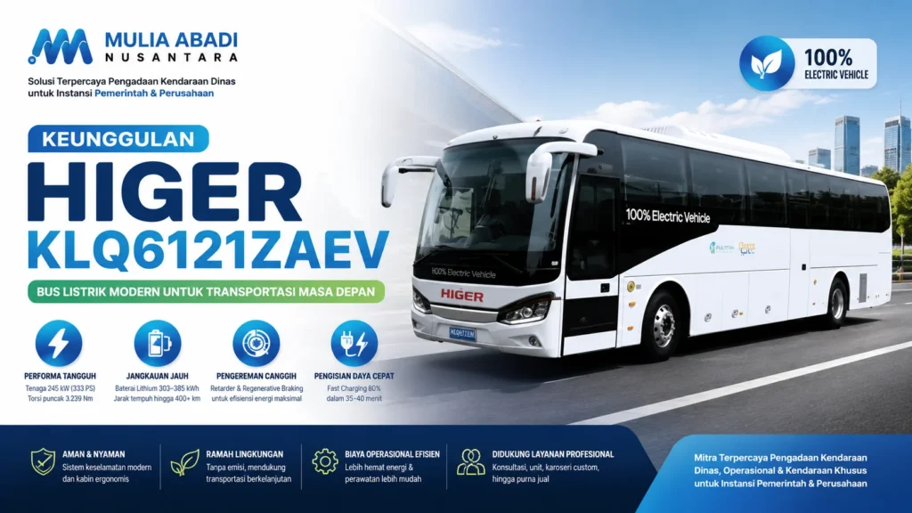Gambar Keunggulan Higer KLQ6121ZAEV sebagai bus listrik modern untuk pengadaan kendaraan pemerintah dan operasional perusahaan oleh MULIA ABADI NUSANTARA