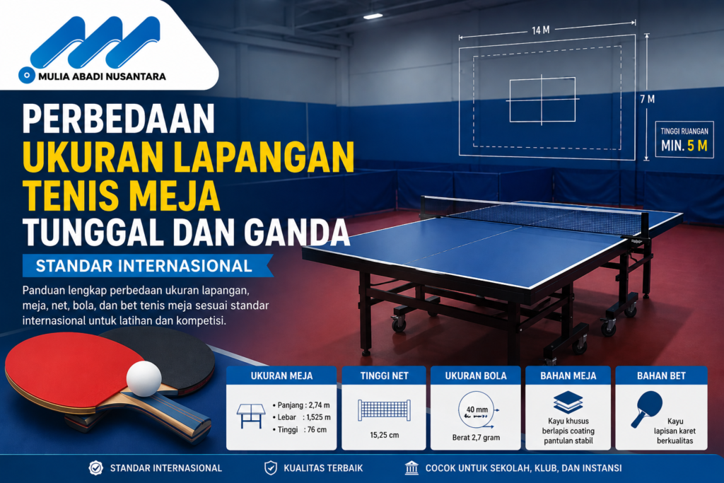 Perbedaan ukuran lapangan tenis meja tunggal dan ganda standar internasional lengkap dengan ukuran area bermain, meja, net, dan spesifikasi pertandingan