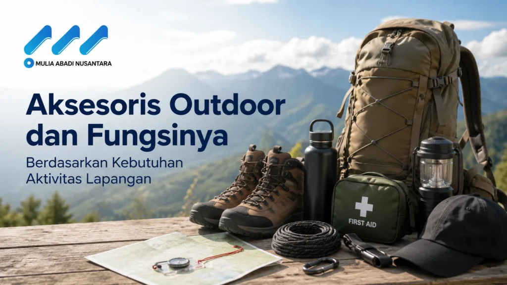 Spanduk artikel Mulia Abadi Nusantara berjudul Aksesoris Outdoor dan Fungsinya Berdasarkan Kebutuhan Aktivitas Lapangan dengan latar belakang perlengkapan mendaki seperti tas carrier, sepatu gunung, kompas, dan kotak P3K.