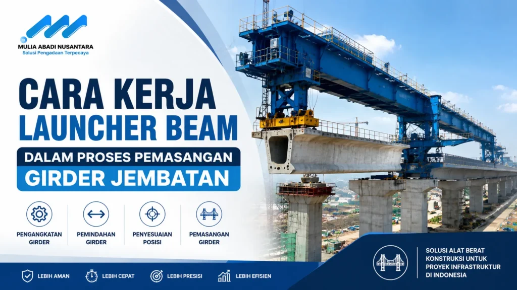 Ilustrasi gambar cara kerja launcher beam dalam proses pemasangan girder jembatan pada proyek konstruksi infrastruktur modern