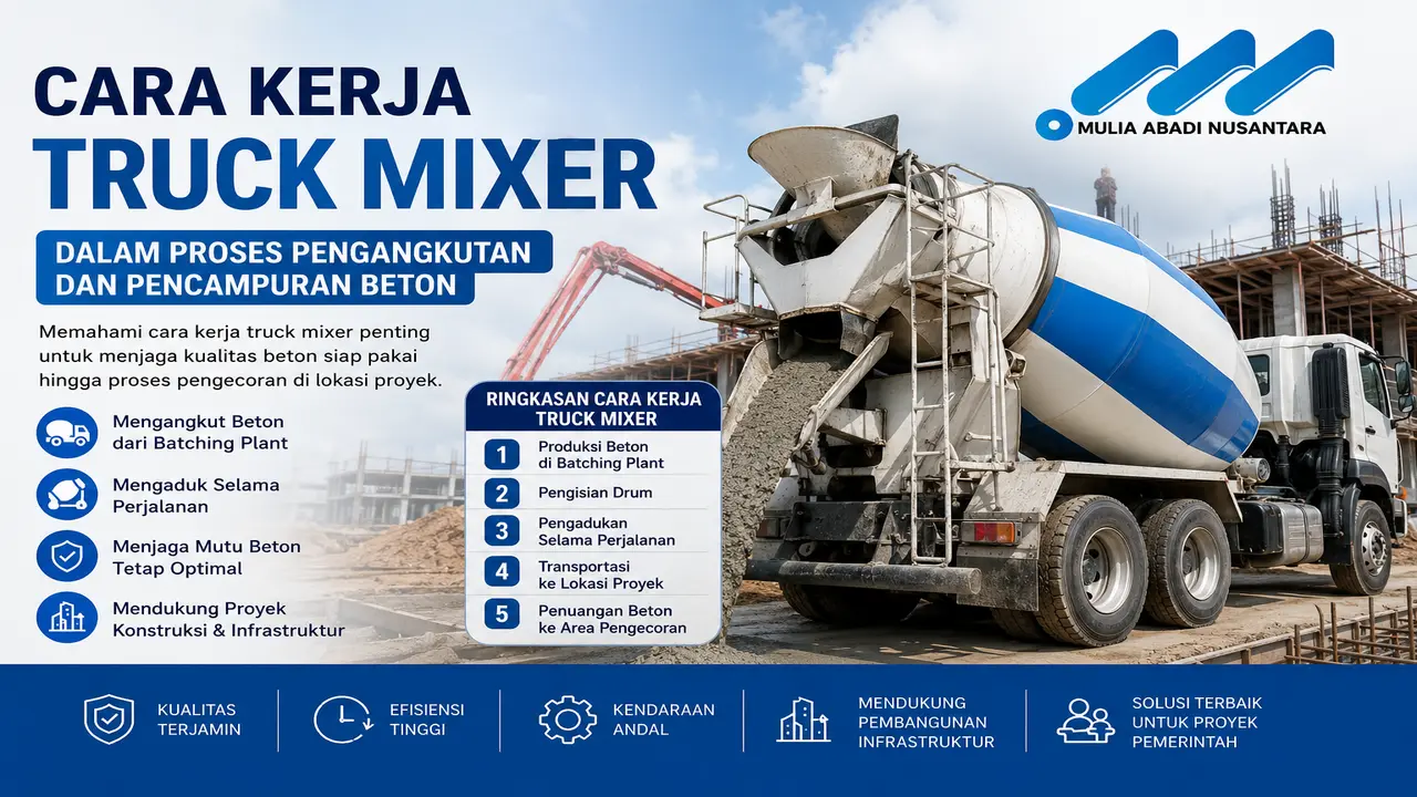 Cara Kerja Truck Mixer dalam proses pengangkutan dan pencampuran beton pada proyek konstruksi dan infrastruktur pemerintah bersama Mulia Abadi Nusantara.