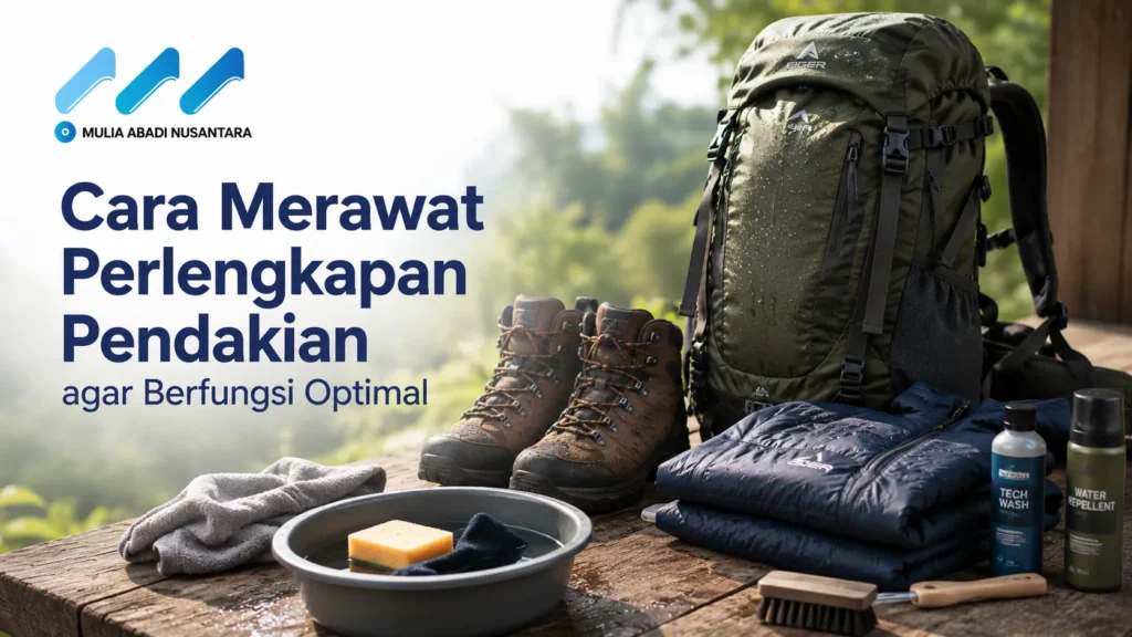 Spanduk artikel Mulia Abadi Nusantara berjudul Cara Merawat Perlengkapan Pendakian agar Berfungsi Optimal menampilkan tas carrier Eiger, sepatu gunung, jaket, cairan pembersih tech wash, water repellent, serta wadah air dan spons di atas meja kayu.