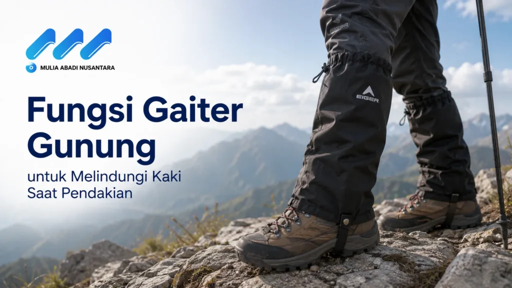 Banner edukasi Fungsi Gaiter Gunung untuk Melindungi Kaki Saat Pendakian dari PT Mulia Abadi Nusantara, menampilkan kaki pendaki memakai sepatu hiking cokelat dan pelindung kaki gaiter hitam merek Eiger.