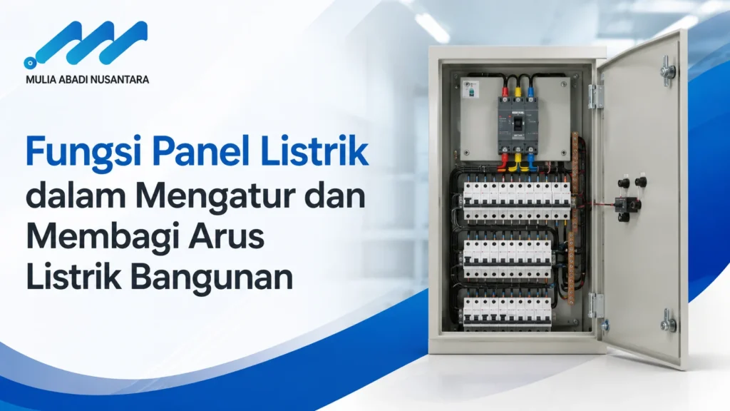 Ilustrasi Gambar Fungsi panel listrik dalam mengatur dan membagi arus listrik bangunan untuk distribusi daya yang aman dan efisien