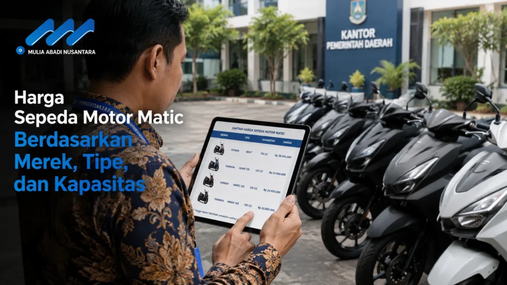 daftar Harga Sepeda Motor Matic Berdasarkan Merek, Tipe, dan Kapasitas dari Mulia Abadi Nusantara, menampilkan seorang pria memegang tablet berisi tabel harga di depan deretan motor dinas baru.