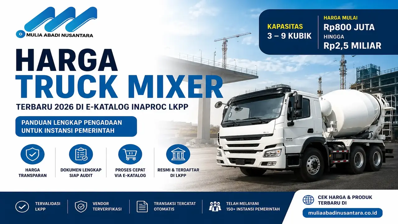 harga truck mixer 2026 di E-Katalog Inaproc LKPP dengan logo Mulia Abadi Nusantara, menampilkan truk mixer di lokasi proyek konstruksi serta informasi kapasitas 3–9 kubik dan kisaran harga Rp800 juta hingga Rp2,5 miliar