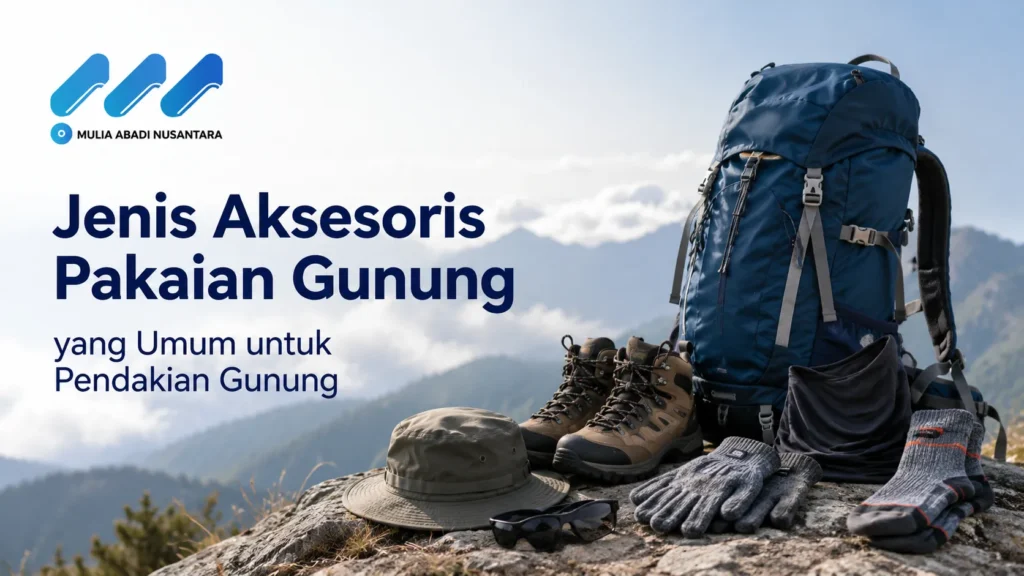 Banner edukasi Jenis Aksesoris Pakaian Gunung yang Umum untuk Pendakian Gunung dari PT Mulia Abadi Nusantara, menampilkan tas carrier, sepatu hiking, topi rimba, sarung tangan, kacamata hitam, dan kaos kaki di atas puncak bukit.