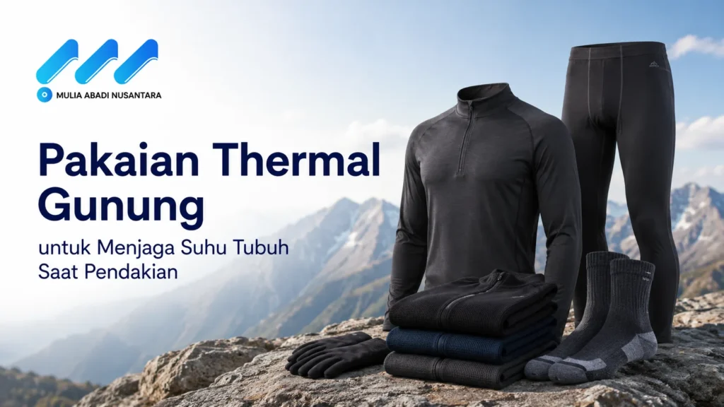 Banner edukasi Pakaian Thermal Gunung untuk Menjaga Suhu Tubuh Saat Pendakian dari PT Mulia Abadi Nusantara, menampilkan setelan baju baselayer ketat hitam, kaos kaki, lipatan jaket fleece, dan sarung tangan di atas puncak bukit.