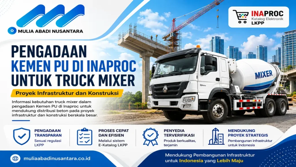 Pengadaan Kemen PU di Inaproc trck mixer untuk proyek infrastruktur dengan branding Mulia Abadi Nusantara dan sistem LKPP E-Katalog.