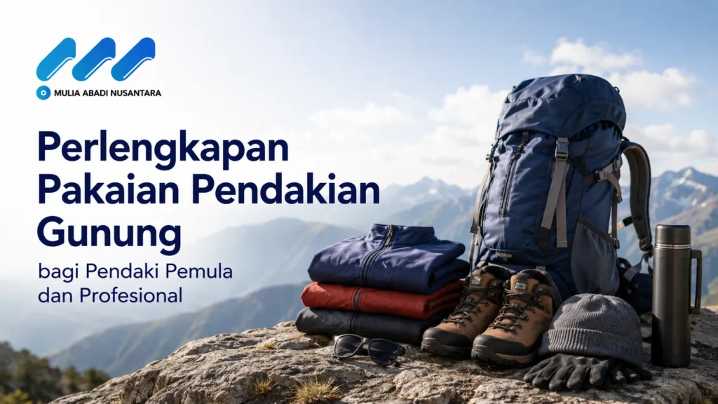 Banner edukasi Perlengkapan Pakaian Pendakian Gunung bagi Pendaki Pemula dan Profesional dari PT Mulia Abadi Nusantara, menampilkan tas carrier biru, jaket gunung, sepatu hiking, kacamata hitam, sarung tangan, kupluk, dan termos air di atas puncak bukit.