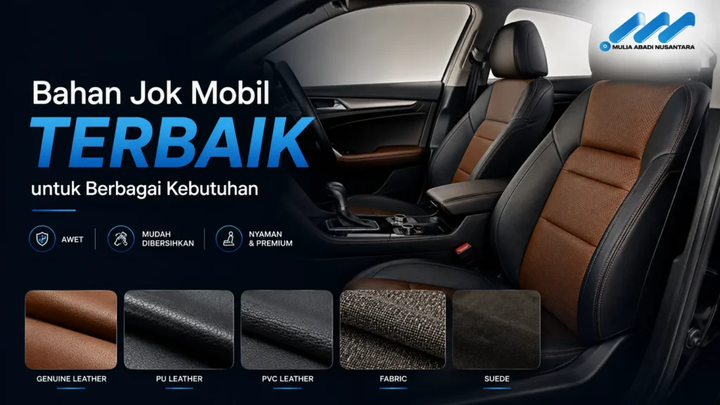 Bahan jok mobil terbaik untuk berbagai kebutuhan dengan pilihan kulit asli, PU leather, PVC leather, fabric, dan suede pada interior mobil premium.