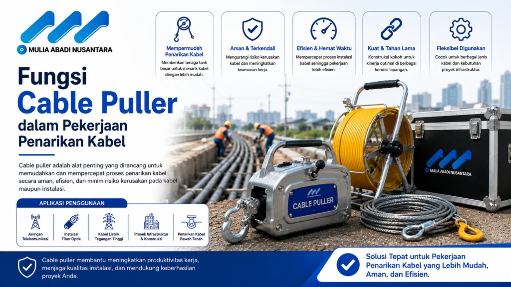 Fungsi cable puller dalam pekerjaan penarikan kabel untuk proyek telekomunikasi, kelistrikan, dan infrastruktur jaringan oleh Mulia Abadi Nusantara