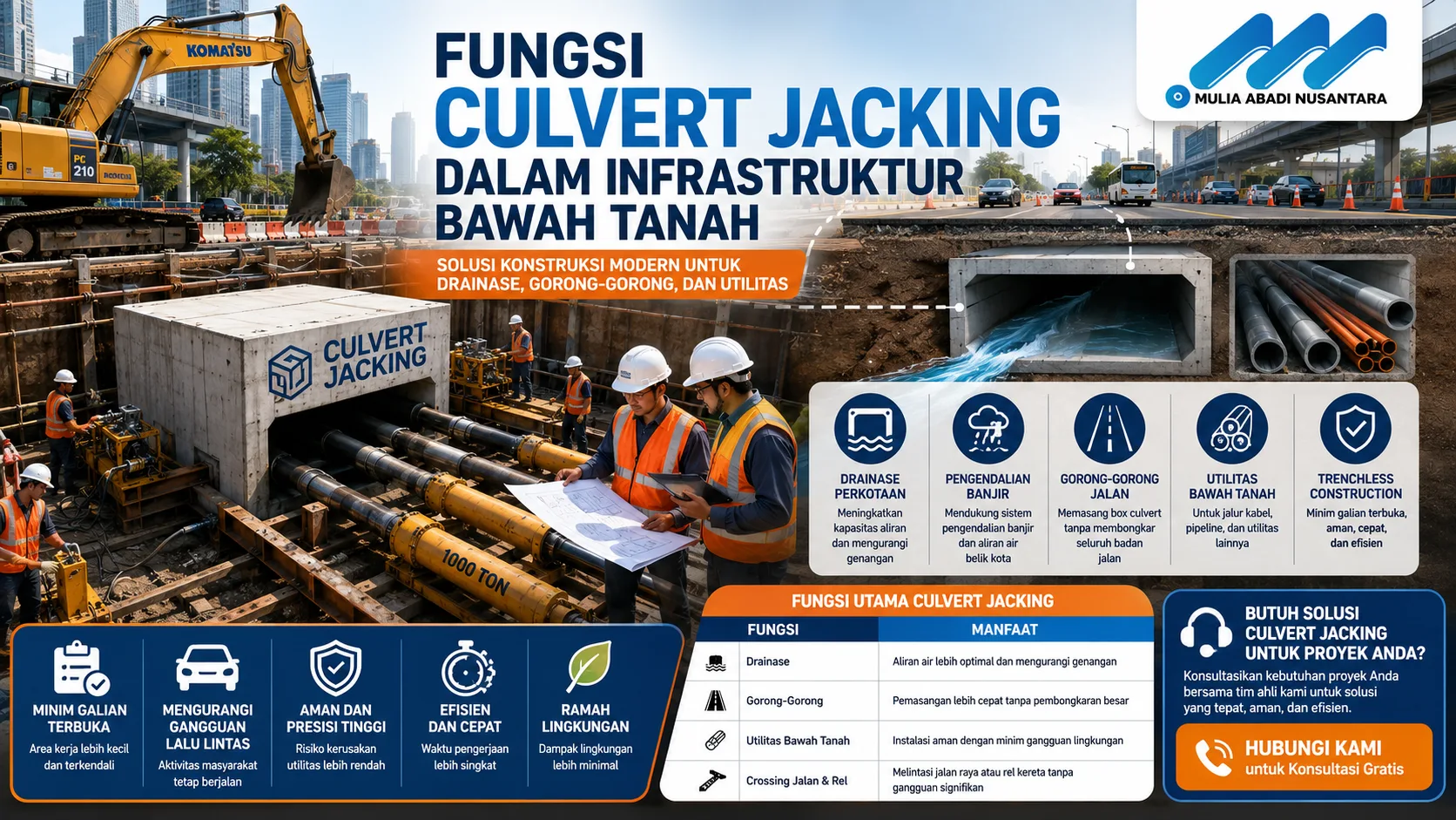 Fungsi Culvert Jacking dalam pembangunan drainase, gorong-gorong, dan utilitas bawah tanah menggunakan metode trenchless construction
