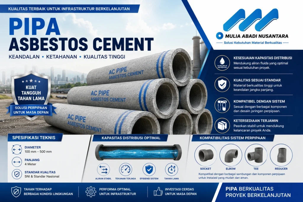 Harga Pipa Asbestos Cement berdasarkan diameter dan spesifikasi teknis untuk proyek infrastruktur perpipaan dengan informasi kapasitas distribusi, standar kualitas, kompatibilitas sistem perpipaan, dan dukungan material berkualitas dari Mulia Abadi Nusantara