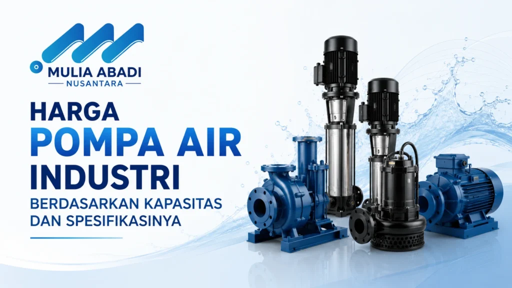 Harga pompa air industri berbagai kapasitas dan spesifikasi dengan logo Mulia Abadi Nusantara.