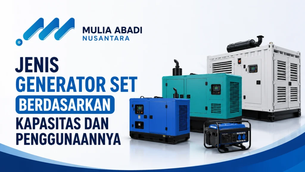 Ilustrasi berbagai jenis generator set berdasarkan kapasitas dan penggunaannya dengan logo Mulia Abadi Nusantara.
