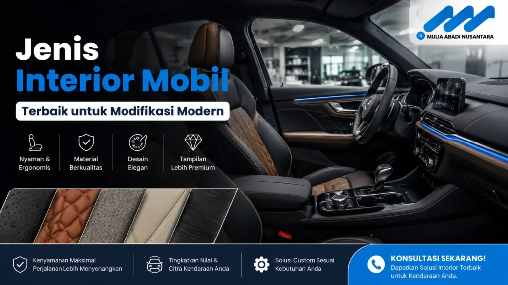 Jenis interior mobil terbaik untuk modifikasi modern dengan jok kulit premium, dashboard elegan, door trim, dan material interior berkualitas.