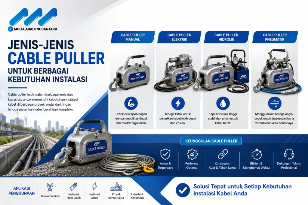 Jenis-jenis cable puller untuk berbagai kebutuhan instalasi kabel, jaringan telekomunikasi, dan proyek infrastruktur dengan logo Mulia Abadi Nusantara