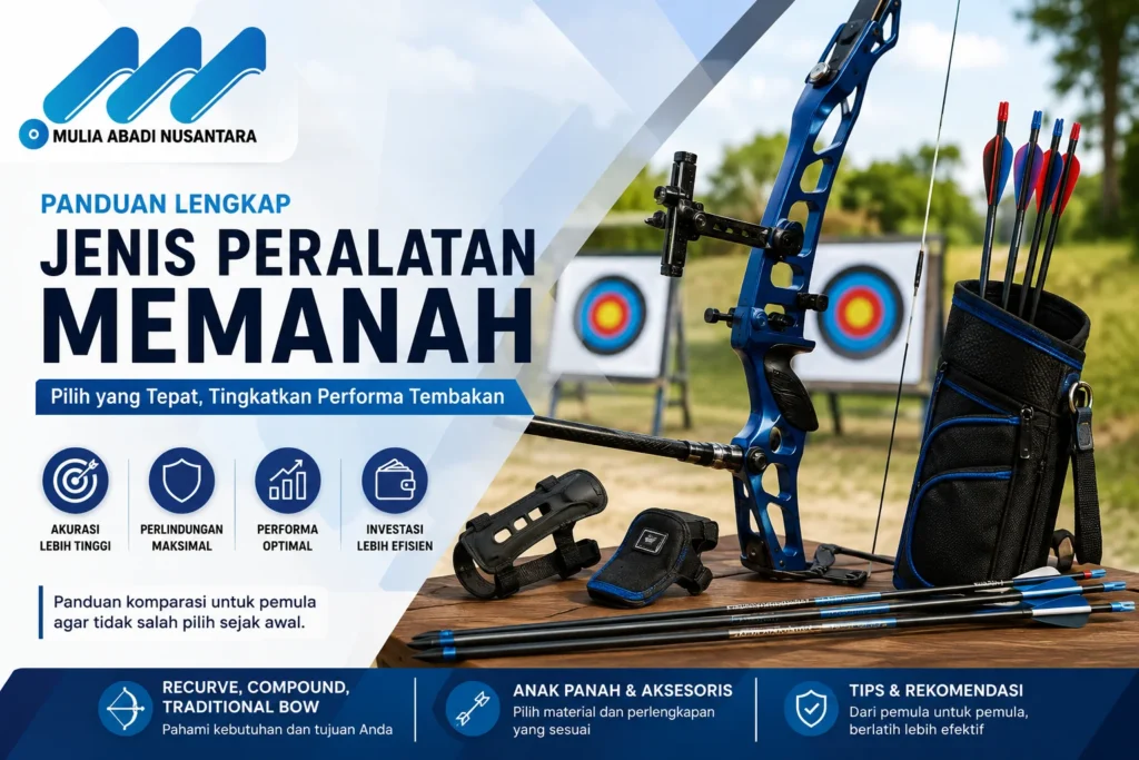 Jenis peralatan memanah untuk pemula meliputi recurve bow, compound bow, anak panah, dan aksesoris panahan dari Mulia Abadi Nusantara.