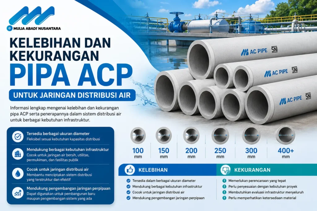 Kelebihan dan Kekurangan Pipa ACP untuk jaringan distribusi air, meliputi penggunaan pada infrastruktur perpipaan, sistem distribusi air bersih, utilitas kawasan, dan pengembangan jaringan perpipaan bersama Mulia Abadi Nusantara
