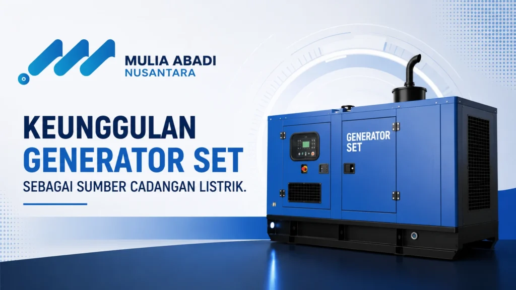 Keunggulan generator set sebagai sumber cadangan listrik untuk kebutuhan industri dan pemerintahan dengan logo Mulia Abadi Nusantara.