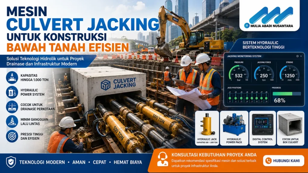 Mesin Culvert Jacking untuk pekerjaan konstruksi bawah tanah menggunakan sistem hydraulic jack dan box culvert beton