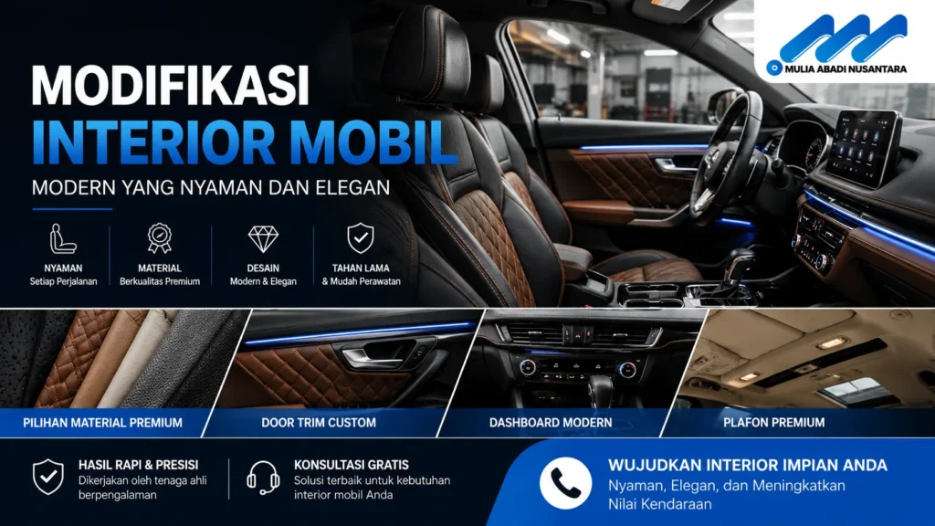 Modifikasi interior mobil modern dengan jok kulit premium, dashboard elegan, door trim custom, dan ambient lighting untuk meningkatkan kenyamanan berkendara.