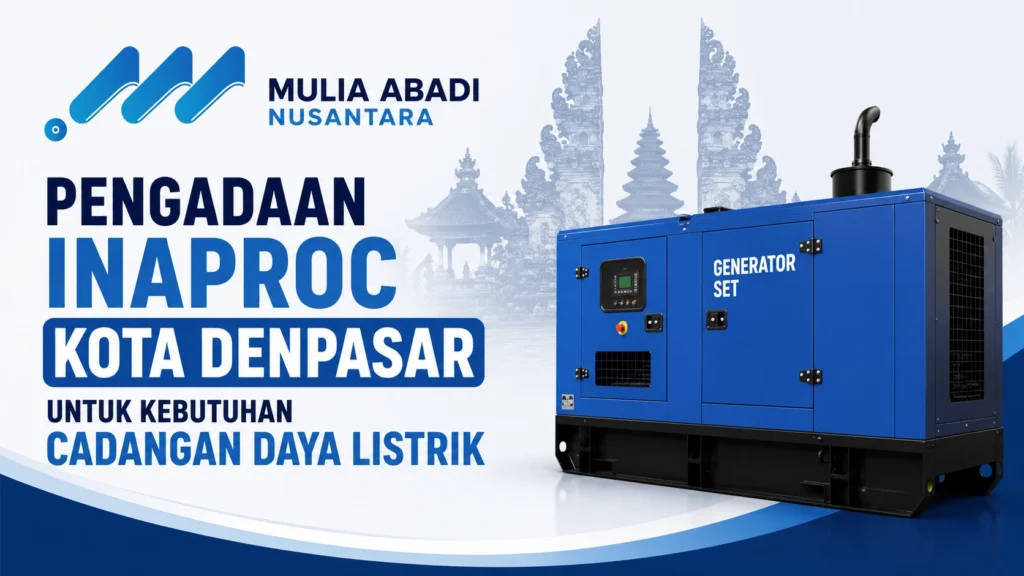 Ilustrasi generator set untuk pengadaan Inaproc Kota Denpasar sebagai solusi cadangan daya listrik dengan logo Mulia Abadi Nusantara.